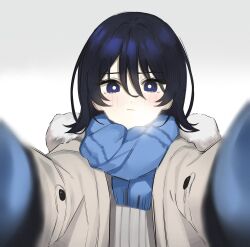 Rule 34 | 1girl, blue eyes, blue gloves, blue hair, blue scarf, blush, closed mouth, fur-trimmed jacket, fur trim, gloves, grey jacket, hair between eyes, highres, indonesian commentary, jacket, long sleeves, looking at viewer, meme, original, pov cheek warming (meme), ringed eyes, sambel kacang1, scarf, short hair, solo, steam, upper body, white background