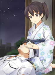 Rule 34 | 10s, 1boy, 1girl, admiral (kancolle), alternate costume, bad id, bad pixiv id, barefoot, black hair, brown eyes, brown hair, building, cityscape, couple, floral print, hetero, highres, indoors, japanese clothes, jewelry, kaga (kancolle), kantai collection, kimono, kneeling, lap pillow, looking at another, looking down, lying, military, military uniform, night, on back, pallad, ring, seiza, short hair, side ponytail, sitting, sky, smile, towel, uniform, wedding band