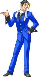 Rule 34 | 1boy, capcom, edaki shin&#039;ya, formal, ace attorney, phoenix wright: ace attorney - justice for all, highres, male focus, richard wellington, multicolored hair, non-web source, official art, richard wellington, scarf, solo, suit, two-tone hair