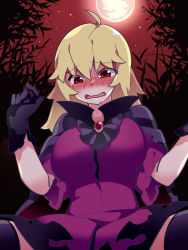 Rule 34 | 1girl, black gloves, blonde hair, blush, brooch, cape, commentary request, dress, from below, gloves, hammer (sunset beach), jewelry, long hair, moon, open mouth, original, purple dress, red eyes, red moon, solo, vampire