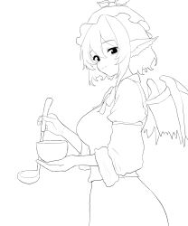 Rule 34 | 1girl, absurdres, animal ears, bird ears, bird wings, blush, bowl, closed mouth, dress, greyscale, hair between eyes, hat, highres, holding, holding bowl, holding ladle, ladle, lineart, long sleeves, monochrome, moriforest1040, mystia lorelei, short hair, simple background, sleeve garter, smile, solo, touhou, upper body, white background, winged hat, wings