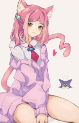 Rule 34 | 1girl, absurdres, animal ears, asatte 3z, blush, cat ears, cat girl, cat tail, coat, collared shirt, creatures (company), eyelashes, game freak, gen 5 pokemon, hair ornament, hairclip, heart, highres, lacey (pokemon), long sleeves, looking at viewer, nintendo, open clothes, pink hair, pokemon, pokemon sv, purrloin, shirt, smile, solo, tail, white shirt, yellow eyes