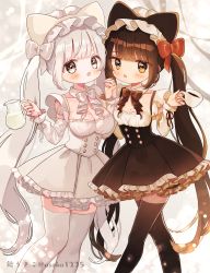Rule 34 | 2girls, :d, ame usako, animal ears, black hair, black legwear, black skirt, blunt bangs, blush, bow, breasts, brown bow, brown eyes, cat ears, cleavage, coffee, collar, collarbone, commentary request, cup, detached collar, detached sleeves, fake animal ears, frilled skirt, frills, grey eyes, hands up, highres, holding, holding cup, holding hands, interlocked fingers, long hair, long sleeves, looking at viewer, medium breasts, milk, mole, mole on breast, multiple girls, open mouth, original, personification, pleated skirt, red bow, shirt, silver hair, skirt, small breasts, smile, thighhighs, twintails, very long hair, white bow, white collar, white legwear, white shirt, white skirt, white sleeves
