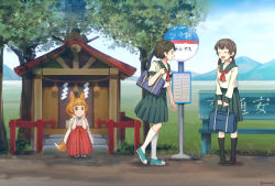 Rule 34 | 3girls, animal ears, bag, bench, blunt bangs, brown eyes, brown hair, bus stop, child, field, fox ears, fox girl, fox tail, frown, grass, hair ornament, hairclip, hakama, hands on own face, happy, japanese clothes, kneehighs, light brown hair, long hair, looking at another, low twintails, mary janes, miko, mountainous horizon, multiple girls, open mouth, original, outdoors, pleated skirt, rope, rural, sandals, school bag, school uniform, serafuku, shide, shimenawa, shoes, short hair, shrine, sign, signature, sitting, skirt, smile, sneakers, socks, tabi, tail, torla16, tree, twintails, twitter username, walking, zouri