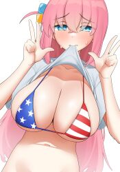 Rule 34 | 1girl, absurdres, american flag bikini, bikini, blue eyes, bocchi the rock!, breasts, cleavage, clothes lift, collarbone, cube hair ornament, double w, flag print, gotoh hitori, hair between eyes, hair ornament, highres, kijikoru, large breasts, lifted by self, long hair, looking at viewer, mouth hold, navel, pink hair, shirt lift, simple background, solo, sweat, swimsuit, upper body, w, white background