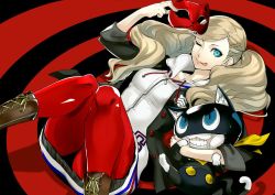 Rule 34 | 10s, 1girl, :p, bad id, bad twitter id, blonde hair, blue eyes, boots, breasts, hair ornament, hairclip, hood, hoodie, mask, morgana (persona 5), nuezou, one eye closed, pantyhose, persona, persona 5, skirt, takamaki anne, tongue, tongue out