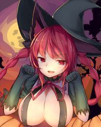 Rule 34 | 1girl, :d, alternate breast size, alternate costume, animal ears, black bow, black hat, blush, bow, braid, breasts, bright pupils, cat ears, cleavage, elbow gloves, fang, frills, full moon, gloves, green gloves, hair bow, halloween, hands up, hat, highres, kaenbyou rin, large breasts, long hair, looking at viewer, moon, open mouth, paw pose, red eyes, red ribbon, ribbon, satou rin (gobugabuge), shiny skin, slit pupils, smile, solo, touhou, twin braids, upper body, witch hat