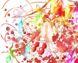 Rule 34 | 1girl, blonde hair, bloomers, crystal, flandre scarlet, flower, full body, glowing, hat, hat ribbon, laevatein, mary janes, mob cap, open mouth, petals, puffy sleeves, razuberii, red eyes, red flower, red rose, ribbon, rose, shirt, shoes, short sleeves, side ponytail, skirt, skirt set, socks, solo, touhou, underwear, vest, white background, white socks, wings