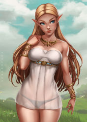 Rule 34 | 1girl, adapted costume, black panties, blonde hair, blue eyes, bracelet, breasts, dandon fuga, gold, jewelry, lingerie, long hair, looking to the side, necklace, nightgown, nintendo, panties, pointy ears, princess zelda, see-through, smile, solo, the legend of zelda, the legend of zelda: breath of the wild, underwear