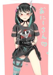 Rule 34 | 1girl, absurdres, black dress, black hair, black panties, blue hair, blue thighhighs, blush, cameltoe, clothes lift, demon girl, demon horns, dress, dress lift, eye of providence, fang, feet out of frame, flat chest, grey thighhighs, highres, horns, inabamaru, lifted by self, looking at viewer, medium hair, multicolored hair, nanashi inc., nipple cutout, nipple piercing, nipples, official alternate costume, open mouth, panties, piercing, pointy ears, pussy piercing, red eyes, shishio chris, shishio chris (3rd costume), single thighhigh, solo, striped clothes, striped thighhighs, sugar lyric, thighhighs, translation request, two-tone hair, underwear, virtual youtuber