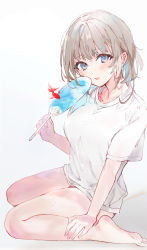 Rule 34 | 1girl, barefoot, blonde hair, blue eyes, blush, breasts, fish, full body, hand fan, highres, holding, holding fan, looking at viewer, medium breasts, medium hair, original, shia job, shirt, simple background, smile, soles, solo, white background, white shirt