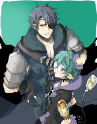 Rule 34 | 1boy, 1girl, black bra, black gloves, bra, chest jewel, closed mouth, coat, eyepatch, fingerless gloves, glasses, gloves, green background, green eyes, green hair, grey coat, grey eyes, grey hair, jacket, looking at viewer, pandoria (xenoblade), parted lips, pointy ears, purple jacket, robaco, short hair, sketch, tail, underwear, upper body, xenoblade chronicles (series), xenoblade chronicles 2, zeke von genbu (xenoblade)