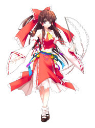 Rule 34 | 1girl, bobby socks, bow, brown hair, crossed legs, detached sleeves, embellished costume, female focus, frills, full body, gohei, hair bow, hair tubes, hakurei reimu, highres, ichikawa ryuunosuke, japanese clothes, large bow, light smile, long hair, looking at viewer, mary janes, midriff, miko, navel, pinky out, purple eyes, sarashi, shoes, simple background, socks, solo, standing, touhou, white socks, wide sleeves