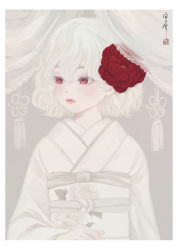 Rule 34 | 1girl, absurdres, albino, bob cut, border, bride, colored eyelashes, commentary request, curtains, eyelashes, facing viewer, floral print, flower, hair between eyes, hair flower, hair ornament, highres, japanese clothes, kimono, lace trim, limited palette, long sleeves, looking to the side, obi, obiage, obijime, original, pale skin, parted lips, print sash, red eyes, red flower, sash, seal impression, shiromuku, short hair, signature, solo, spot color, standing, tassel, uchikake, upper body, ushiyama ame, wavy hair, white border, white curtains, white flower, white hair, white kimono, white sash, white theme