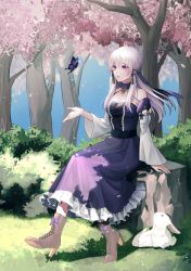 Rule 34 | 1girl, absurdres, animal, brown footwear, bug, butterfly, cherry blossoms, commentary, detached sleeves, dress, english commentary, fire emblem, fire emblem: three houses, floating hair, grass, hair between eyes, high heels, highres, insect, lips, long hair, looking away, lysithea von ordelia, nintendo, outdoors, parted lips, pave choco, petals, pink eyes, pink lips, plant, purple dress, rabbit, sitting, tree, veil, white hair, white sleeves, wide sleeves