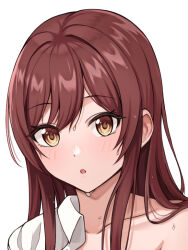 Rule 34 | 1girl, blush, close-up, collarbone, collared shirt, idolmaster, idolmaster shiny colors, long hair, looking at viewer, open clothes, open mouth, osaki amana, red hair, shirt, simple background, solo, sorugi park, sweat, swept bangs, undressing, white background, white shirt, yellow eyes