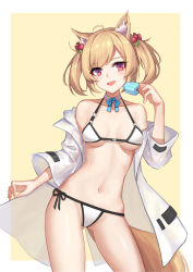 Rule 34 | 1girl, :d, absurdres, ahoge, animal ear fluff, animal ears, arknights, bikini, blonde hair, blue ribbon, blush, border, breasts, breasts apart, choker, collarbone, contrapposto, cowboy shot, food, gluteal fold, hair bobbles, hair ornament, highres, holding, holding food, jacket, long sleeves, looking at viewer, medium breasts, navel, neck ribbon, open clothes, open jacket, open mouth, outside border, popsicle, red eyes, ribbon, see-through, short hair, simple background, smile, solo, sora (arknights), stomach, super hellrat, swept bangs, swimsuit, swimsuit cover-up, tail, underboob, white bikini, white border, white choker, white jacket, wolf ears, wolf girl, wolf tail, yellow background