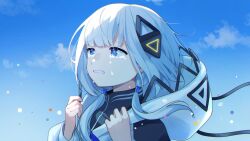 Rule 34 | 1girl, binchou maguro, blue eyes, blue sky, cevio, clenched teeth, cloud, commentary request, crying, crying with eyes open, diamond hair ornament, floating hair, from side, frown, furrowed brow, half-closed eyes, hood, hood down, hood grab, hooded jacket, jacket, kafu (cevio), kamitsubaki studio, long sleeves, looking ahead, low twintails, parted lips, portrait, sidelighting, sky, solo, tears, teeth, turtleneck, twintails, white hair, white jacket