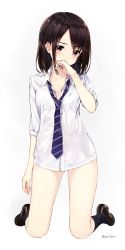 Rule 34 | 1girl, aihama chika, amagai tarou, black hair, blush, breasts, cleavage, covering own mouth, female focus, highres, kneeling, looking at viewer, necktie, no pants, original, panties, school uniform, see-through, shirt, simple background, small breasts, solo, underwear, wet, wet clothes, wet shirt, white background, white panties