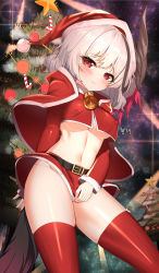 Rule 34 | 1girl, arpiel, bell, belt, belt buckle, black belt, blouse, blush, breasts, buckle, candy, candy cane, capelet, christmas ornaments, christmas tree, clothes pull, covered erect nipples, cowboy shot, crop top, diffraction spikes, embarrassed, feather tails, female focus, food, glowing, grey hair, hannah (arpiel), hat, highres, jubro, long sleeves, looking at viewer, midriff, multicolored wings, neck bell, no bra, panties, panty peek, red capelet, red eyes, red hat, red shirt, red skirt, red thighhighs, santa costume, santa hat, shirt, short hair, shy, skindentation, skirt, skirt pull, sky, solo, space, star (sky), star (symbol), star trail, starry sky, thighhighs, thighs, underboob, underwear, white panties, wings