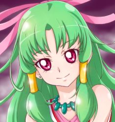 Rule 34 | 1girl, bow, chocokin, cure empress, dokidoki! precure, green hair, hair bow, hair tubes, jewelry, long hair, magical girl, necklace, pink eyes, precure, purple background, smile, solo, upper body