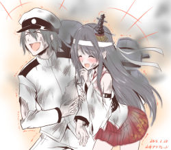 Rule 34 | 10s, 1boy, 1girl, admiral (kancolle), blush, closed eyes, couple, detached sleeves, dougi, fusou (kancolle), grabbing, grey hair, hair ornament, hat, headband, jewelry, kacolle, kantai collection, laughing, long hair, long sleeves, military, military hat, military uniform, open mouth, ring, skirt, torn clothes, uniform, wedding band, wedding ring, wide sleeves, yamamoto arifred