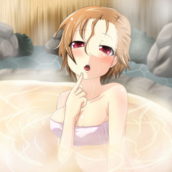 Rule 34 | 10s, 1girl, accel world, artist request, breasts, brown hair, highres, kurashima chiyuri, naked towel, onsen, open mouth, red eyes, short hair, solo, towel