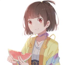 Rule 34 | 10s, 1girl, blunt bangs, brown hair, choker, eating, food, food bite, food on face, fruit, hair ribbon, highres, holding, holding food, holding fruit, japanese clothes, kimono, koutetsujou no kabaneri, long sleeves, looking at viewer, melon, mimengfeixue, mumei (kabaneri), red eyes, ribbon, ribbon choker, short hair, simple background, smile, solo, upper body, watermelon, white background
