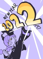 Rule 34 | 1girl, 2022, arm up, braid, chloe (donuttypd), clenched hand, donuttypd, earrings, hand up, head tilt, hood, hoodie, jewelry, looking up, new year, open mouth, original, purple background, purple hair, sharp teeth, smile, teeth, yellow eyes
