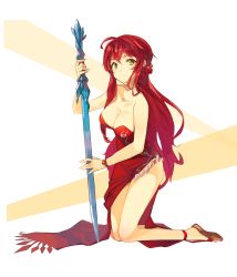 Rule 34 | 00s, 1girl, ahoge, bare legs, bare shoulders, bracelet, breasts, cleavage, closed mouth, collarbone, dress, dungeon and fighter, female focus, female slayer (dungeon and fighter), highres, holding, holding sword, holding weapon, jewelry, kneeling, large breasts, legs, long hair, looking at viewer, nellen, red dress, red hair, sandals, side slit, smile, solo, strapless, strapless dress, sword, sword master (dungeon and fighter), swordmaster (dungeon and fighter), weapon, yellow eyes