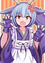 Rule 34 | 1girl, animal ears, aospanking, apron, blue hair, blush, dragon ears, dragon girl, dragon horns, dragon tail, dress, duel monster, fang, fingerless gloves, gloves, horns, laundry dragonmaid, looking at viewer, maid, maid apron, open mouth, purple dress, purple gloves, short hair, solo, tail, white apron, yellow eyes, yu-gi-oh!