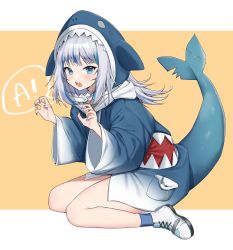 Rule 34 | 1girl, a (phrase), absurdres, animal hood, bare legs, blue hair, blue hoodie, blue nails, blue socks, blush, catchphrase, claw pose, commentary, cross-laced footwear, english commentary, fangs, fins, fish tail, full body, gawr gura, gawr gura (1st costume), highres, hololive, hololive english, hood, hoodie, long hair, looking at viewer, mashilemo, multicolored hair, nail polish, open mouth, orange background, shark hood, shark tail, sharp teeth, shoes, silver hair, simple background, sitting, socks, solo, speech bubble, streaked hair, symbol-only commentary, tail, teeth, thighs, two-tone hair, virtual youtuber, wariza, white footwear, wide sleeves