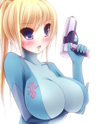 Rule 34 | 1girl, bad id, bad pixiv id, blonde hair, blue eyes, blush, bodysuit, breast hold, breasts, collarbone, gun, huge breasts, impossible clothes, large breasts, long hair, metroid, morita, morita (moritania), nintendo, open mouth, ponytail, samus aran, skin tight, solo, weapon, zero suit