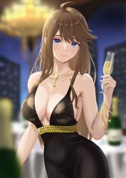 Rule 34 | 1girl, absurdres, ahoge, aikawasei, alcohol, bare shoulders, black dress, blurry, blurry background, blush, bracelet, breasts, champagne, champagne flute, chandelier, cleavage, collarbone, cup, dress, drinking glass, gold bracelet, gold necklace, highres, idolmaster, idolmaster million live!, jewelry, large breasts, looking at viewer, necklace, sleeveless, sleeveless dress, smile, solo, table, tokoro megumi