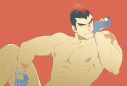 Rule 34 | 10s, 1boy, abs, black hair, eyebrows, fingerless gloves, gloves, kill la kill, kinagase tsumugu, koryuu (gackter10), male focus, mohawk, mouth hold, multicolored hair, muscular, pectorals, red background, red hair, scar, topless male, solo, two-tone hair