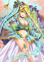 Rule 34 | 1girl, aqua skirt, arm up, bad id, bad pixiv id, blonde hair, bow, breasts, center opening, choker, cleavage, detached sleeves, frills, green eyes, green skirt, hair bow, hydrokinesis, jewelry, katana, large breasts, long hair, lots of jewelry, midriff, navel, original, pleated skirt, ponytail, shinki kakusei melty maiden, skirt, smile, solo, striped, striped bow, sword, tamashiro, water, weapon