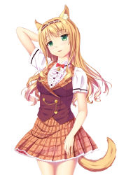 Rule 34 | 10s, 1girl, :3, animal ear fluff, animal ears, arm behind head, bell, blonde hair, bow, bowtie, cat ears, cat tail, center frills, coast rover, cowboy shot, curly hair, frills, green eyes, hairband, head tilt, highres, jingle bell, long hair, looking at viewer, maple (nekopara), md5 mismatch, nekopara, parted lips, plaid, plaid skirt, resolution mismatch, short sleeves, sidelocks, simple background, skirt, smile, solo, source smaller, tail, white background