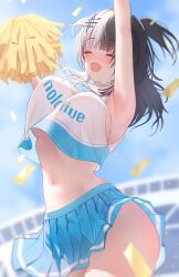 Rule 34 | 1girl, absurdres, armpits, black hair, breasts, cheerleader, closed mouth, grey hair, hair ornament, highres, hololive, hololive english, large breasts, long hair, looking at viewer, multicolored hair, navel, open mouth, pleated skirt, pom pom (cheerleading), prab, shiori novella, skirt, smile, split-color hair, thighs, two-tone hair, two side up, virtual youtuber, yellow eyes