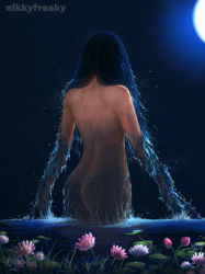 Rule 34 | 1girl, artist name, ass, black hair, dark, dated, flower, from behind, light, lily pad, nicole jimenez, nude, original, partially submerged, signature, solo, standing, wading, water, wet