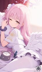 1girl absurdres alarm_clock angel_wings bed black_scrunchie blue_archive capelet clock feathered_wings hair_bun halo highres indoors low_wings mika_(blue_archive) on_bed one_eye_closed pantyhose peru_(pixiv91752964) pillow pink_halo scrunchie single_side_bun white_capelet white_pantyhose white_wings wings wrist_scrunchie yellow_eyes