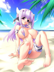 Rule 34 | 1girl, animal ears, arm support, barefoot, beach, breasts, cow ears, cow girl, day, feet, foot focus, gunner-l, horns, huge breasts, large breasts, long hair, non-web source, purple eyes, purple hair, sitting, slingshot swimsuit, soles, solo, swimsuit, wristband