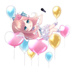 Rule 34 | 1girl, :d, balloon, bare shoulders, blush, brown hair, chibi, copyright request, crown, dress, flower, green eyes, hair flower, hair ornament, heart balloon, highres, layered dress, liang feng qui ye, long hair, microphone, mini crown, open mouth, pink flower, pink rose, pleated dress, rose, simple background, smile, socks, solo, tilted headwear, white background, white dress, white socks