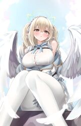 Rule 34 | 1girl, absurdres, angel, angel wings, between legs, blonde hair, breasts, button gap, chest belt, closed mouth, daran9, dress, feathered wings, from below, hair between eyes, halo, hand between legs, highres, large breasts, light brown hair, long hair, looking at viewer, nanase eru, pantyhose, pointy ears, pout, sitting, thighband pantyhose, two side up, varium, virtual youtuber, white pantyhose, wings
