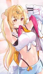 Rule 34 | 1girl, absurdres, arms up, bare shoulders, blonde hair, blue shorts, blush, breasts, brown eyes, closed mouth, collarbone, commentary, crop top, front-tie top, hair ornament, heterochromia, highres, hoshikawa sara, hoshikawa sara (1st costume), jacket, long hair, long sleeves, looking away, medium breasts, mouth hold, navel, nijisanji, nuebunny, red eyes, short shorts, shorts, side ponytail, smile, solo, tank top, very long hair, virtual youtuber, white jacket, white tank top, x hair ornament