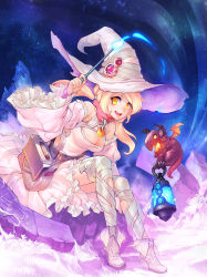 Rule 34 | 1girl, bag, bell, blonde hair, breasts, cleavage cutout, clothing cutout, cowbell, detached sleeves, dragon, hat, high heels, highres, lantern, long hair, low twintails, medium breasts, messenger bag, original, patipat asavasena, shoulder bag, sitting, smile, solo, thighhighs, twintails, wand, witch, witch hat, yellow eyes