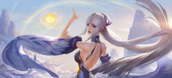 Rule 34 | 1girl, absurdres, arm up, blue dress, blue sky, canyue yingguang, detached sleeves, dress, energy, floating hair, from side, genshin impact, hair ornament, highres, long hair, mountain, ningguang (genshin impact), parted lips, red eyes, sky, solo, sun, teeth, upper body, white hair
