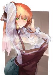 Rule 34 | 1girl, absurdres, apron, arm behind head, barista, black bra, blush, bra, bra visible through clothes, breasts, brown apron, brown hair, collared shirt, commentary request, denim, dress shirt, girls&#039; frontline, green eyes, hair between eyes, hair ribbon, hand up, high ponytail, highres, jeans, kyoyakyo, large breasts, leaning forward, long hair, looking at viewer, pants, parted lips, ponytail, ribbon, see-through, shirt, sidelocks, solo, springfield (girls&#039; frontline), standing, sweat, underwear, white shirt