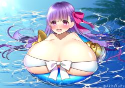 Rule 34 | 1girl, akira kaite, bare shoulders, bikini, blush, breasts, claws, cleavage, collarbone, fate/grand order, fate (series), gigantic breasts, hair ornament, hair ribbon, highres, huge breasts, innertube, long hair, open mouth, outdoors, partially submerged, passionlip (fate), pink eyes, purple hair, ribbon, smile, solo, swim ring, swimsuit, upper body, very long hair, water, wet, white bikini