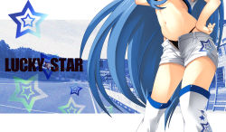Rule 34 | 00s, 1girl, artist request, blue hair, boots, flat chest, hand on own hip, head out of frame, izumi konata, long hair, lucky star, midriff, open clothes, open shorts, panties, race queen, racetrack, shorts, solo, star (symbol), text focus, thigh boots, thighhighs, thong, underwear, vest