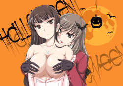 Rule 34 | 10s, 2girls, :d, bare shoulders, bat (animal), bat hair ornament, black gloves, blunt bangs, blush, grabbing another&#039;s breast, breast hold, breasts, breasts out, brown eyes, brown hair, cleavage, closed mouth, collarbone, expressionless, fangs, full moon, girls und panzer, gloves, grabbing, grabbing from behind, hair ornament, halloween, head tilt, jewelry, large breasts, long hair, long sleeves, looking at viewer, moon, multiple girls, necklace, nishizumi shiho, open mouth, orange background, pumpkin, shimada chiyo, silhouette, smile, tsurime, upper body, wan&#039;yan aguda, yuri